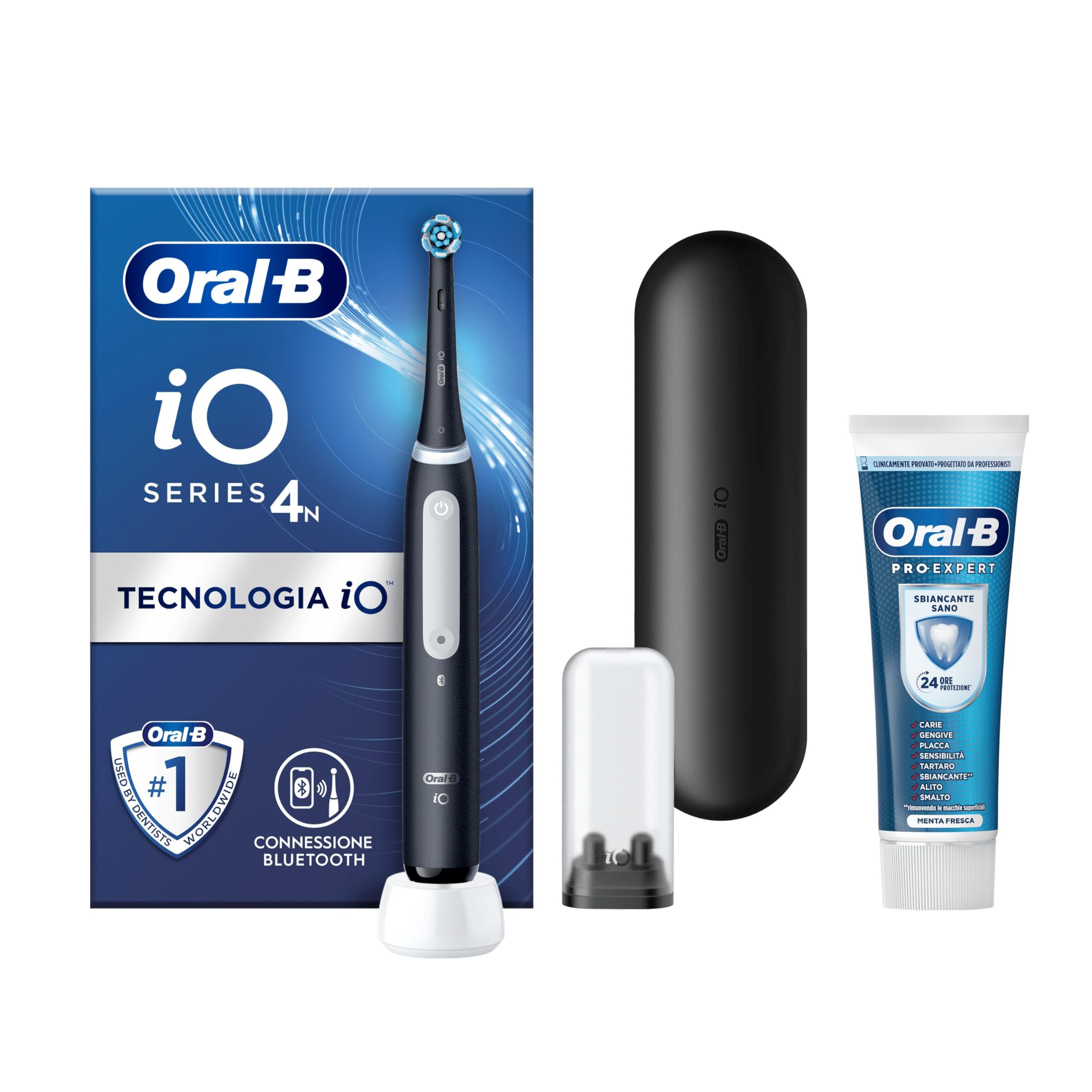 Oral-B Spazzolino Elettrico Ricaricabile iO 4 Nero, 1 Testina Di Ricambio, 1 Custodia Da Viaggio +Dentifricio Pro-Expert Sbiancante Sano 75ml. 1 Spazzolino
