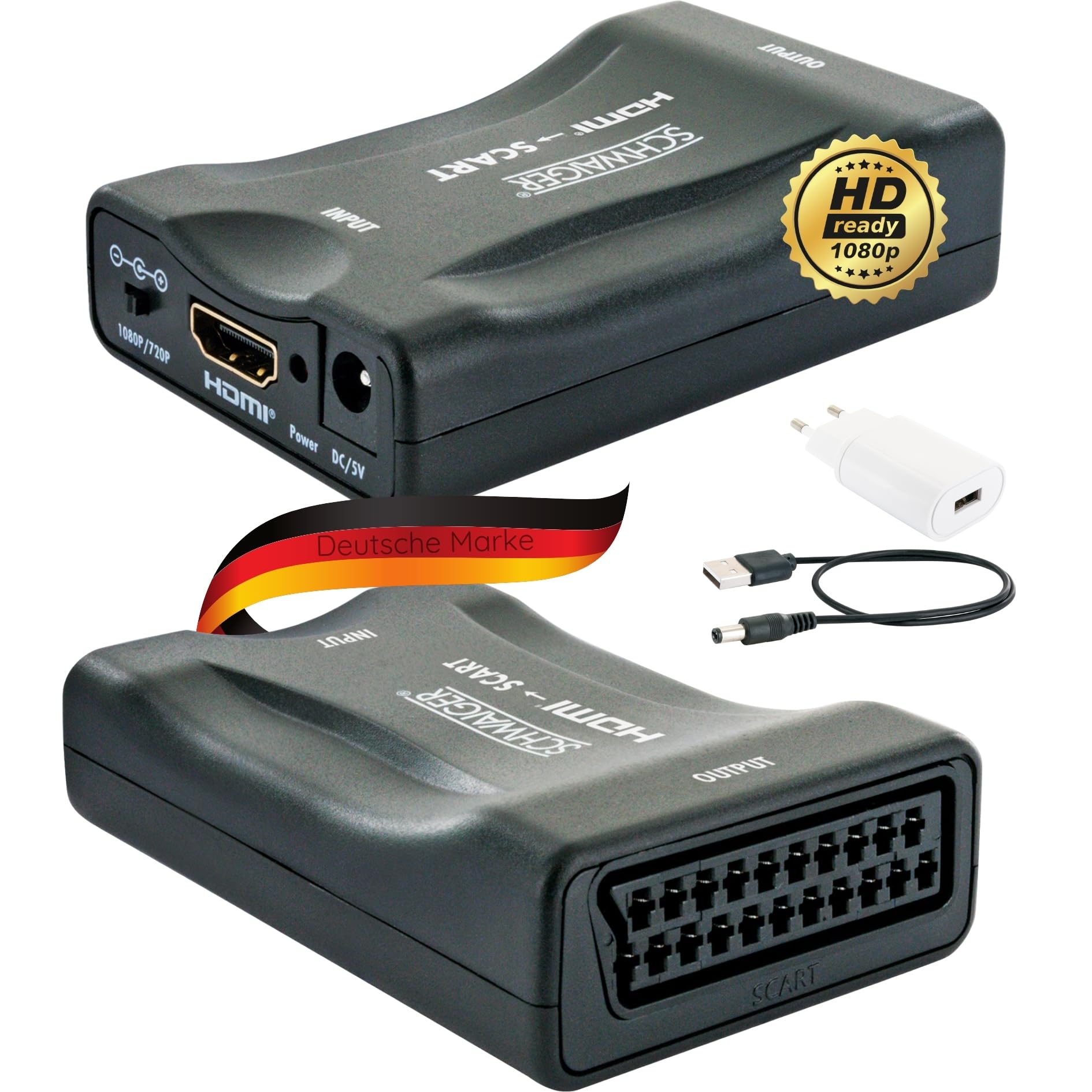 SCHWAIGER 715910 Adaptateur HDMI vers péritel Convertisseur numérique vers analogique pour enregistreur vidéo PS2/Xbox/SNES/N64/VHS/VCR, DVD, prend en charge PAL/NTSC/MHL
