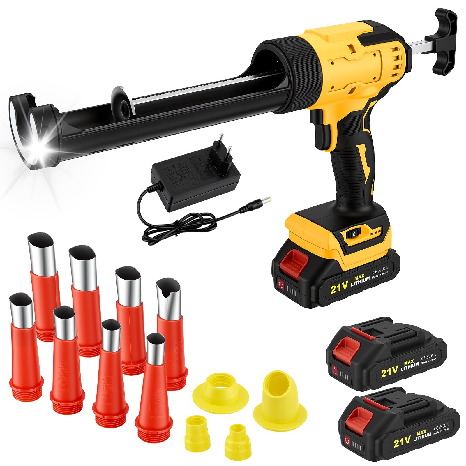Cordless Caulking Gun with 2 x 2.0Ah Batteries, Upgraded Electric Silicone Sealant Gun with 6 Adjustable Speeds, LED Light, Anti-Drip, LCD Display, Caulking Nozzle Set for Sealing, Filling, Leak Proof