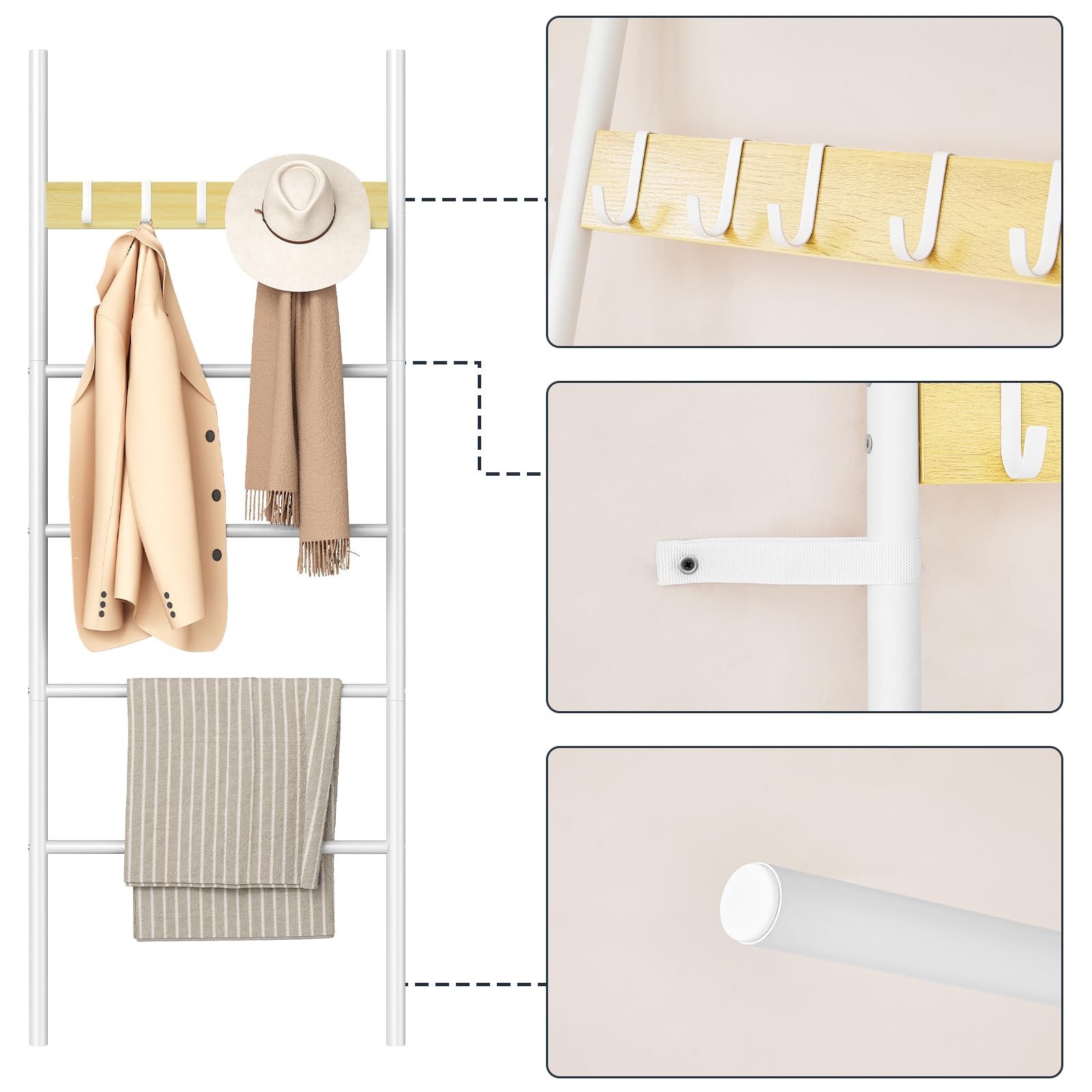 HOOBRO Portasciugamani, Portasalviette Bagno, Porta Asciugamani con 5 Staccabile Ganci, 60 x 2 x 177cm, per Asciugamani, Vestiti o giornali, Stabile, Bianco e Naturale EWN60CJ01
