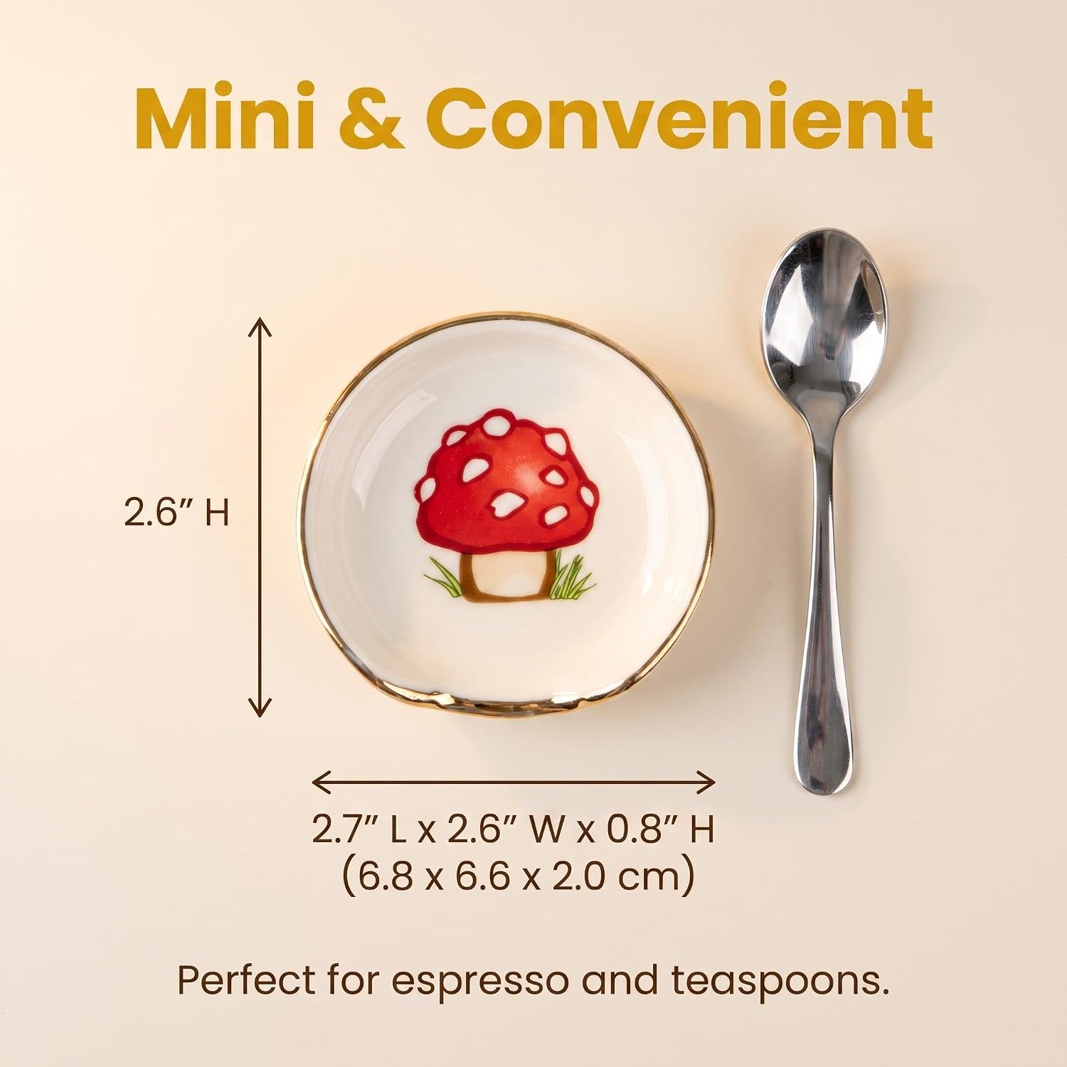 Ceramic Coffee Spoon Rest Set of 4 with Gold Rim Mushroom Design Decorative