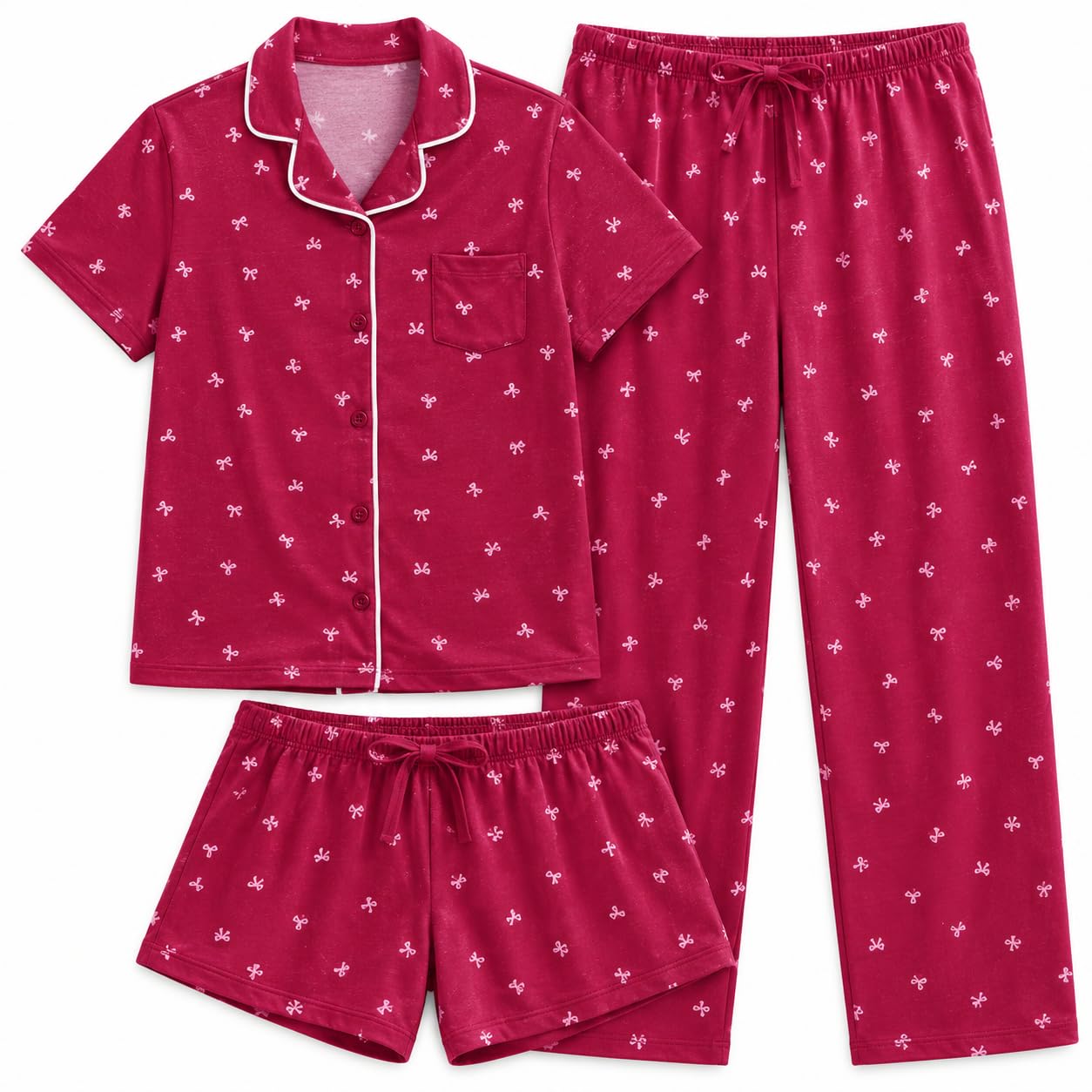 US Angels Girls Pajama Set 3 Piece, Short Sleeve Button Down PJs with Shorts &amp; Pants, Soft Sleepwear Girls &amp; Tweens Size 5-16
