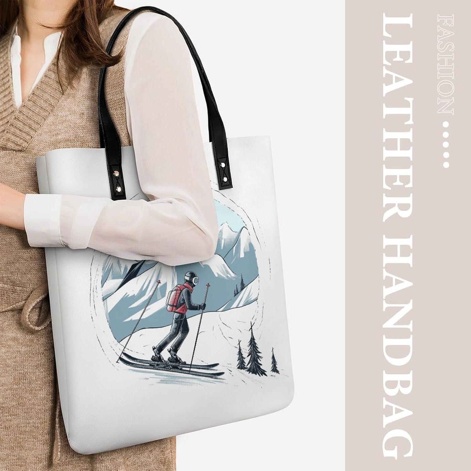 Skiing Theme Tote Bag with Magnetic Buckle Reusable Grocery Bags Lightweight Cross Body Handbag for Daily Essentials