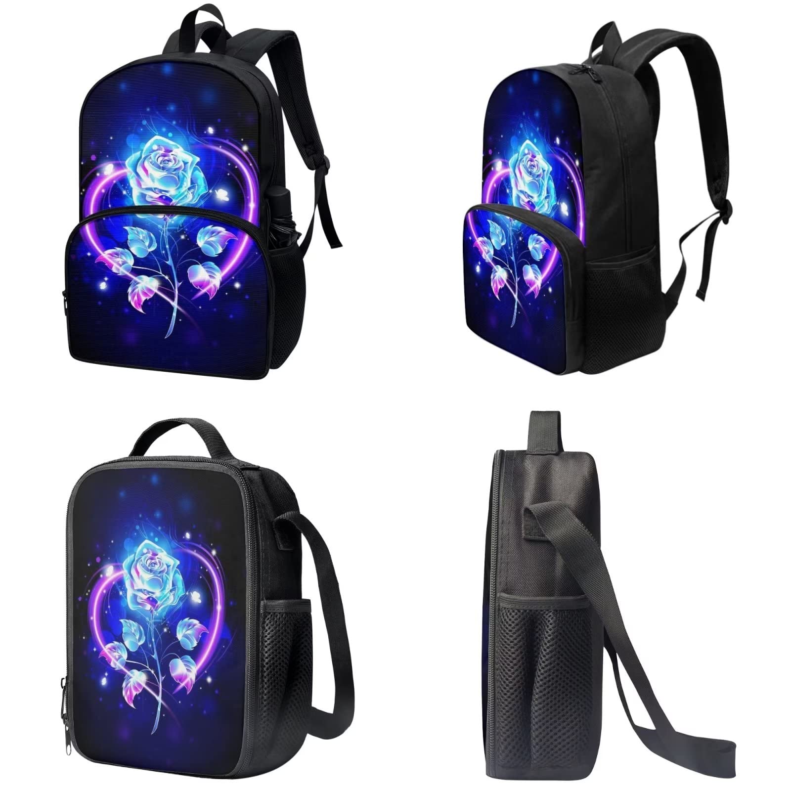 Poceacles Schultasche und Lunchbox-Set für Teenager, Jungen, Grundschule, Büchertasche, Federmäppchen für Grundschulkinder, Blaue Rose Blume, Einheitsgröße