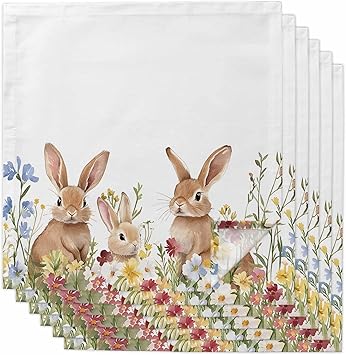Wildflowers Brown Easter Rabbits Cloth Napkins
