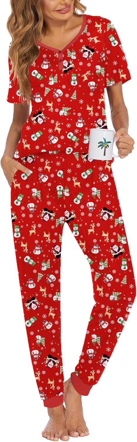 Ekouaer Pajamas for Women Set 2 Piece Lounge Set Short Sleeve Pjs Joggers Long Pants Sleepwear with Pockets