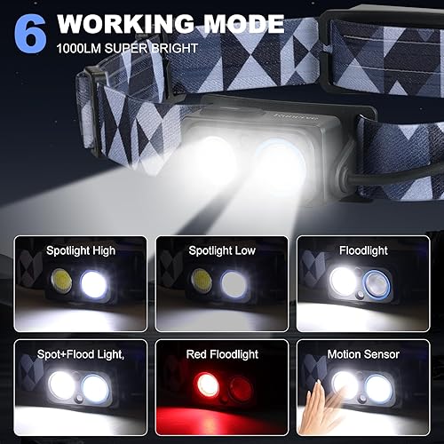 Miniatura 3 de Linterna frontal LED recargable, 1000 lm con sensor de movimiento, foco e reflector, inclinación de 90, batería reflectante, IPX4 impermeable,