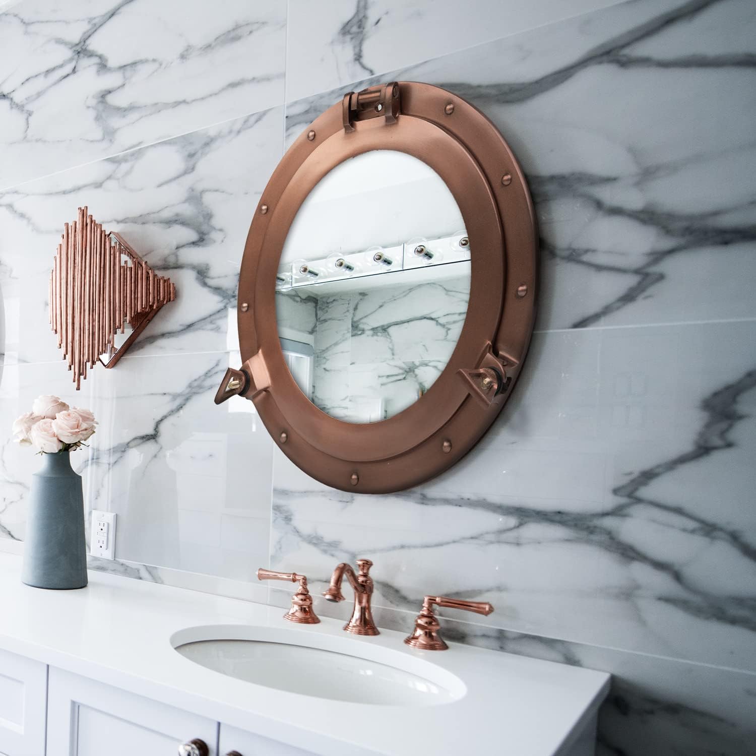 30 Inch Bathroom Wall Decor Ship Porthole Mirror with Copper Finish – Vintage Round Wall Mounted Mirror for Bathroom Vanity, Nautical Pirate Coastal Vintage Home Décor