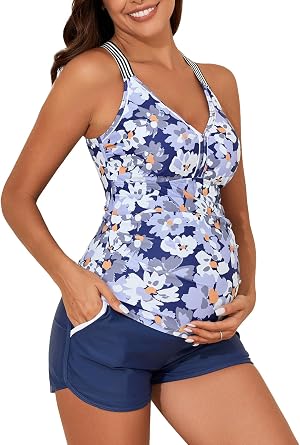 Summer Mae Maternity Two Piece Cross Back Tankini Swimsuit with Pockets | Pregnancy bathing suit,High waist,Cross elastic shoulder strap,Double layer swim short,Postpartum friendly,Plus size,Babymoon