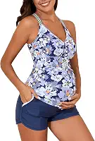 Tanquíni de duas peças para gestantes, cintura alta, roupa de banho para gravidez com bolsos cruzados nas costas