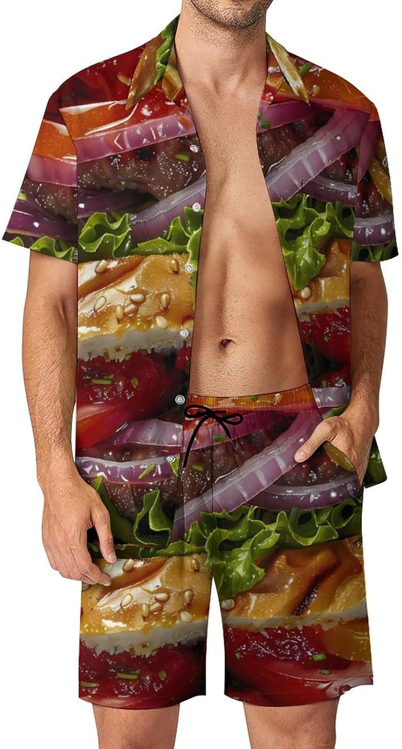 Hamburger Men's Summer Beach Outfits Shirt And Shorts Set 2 Piece Vacation Swimwear
