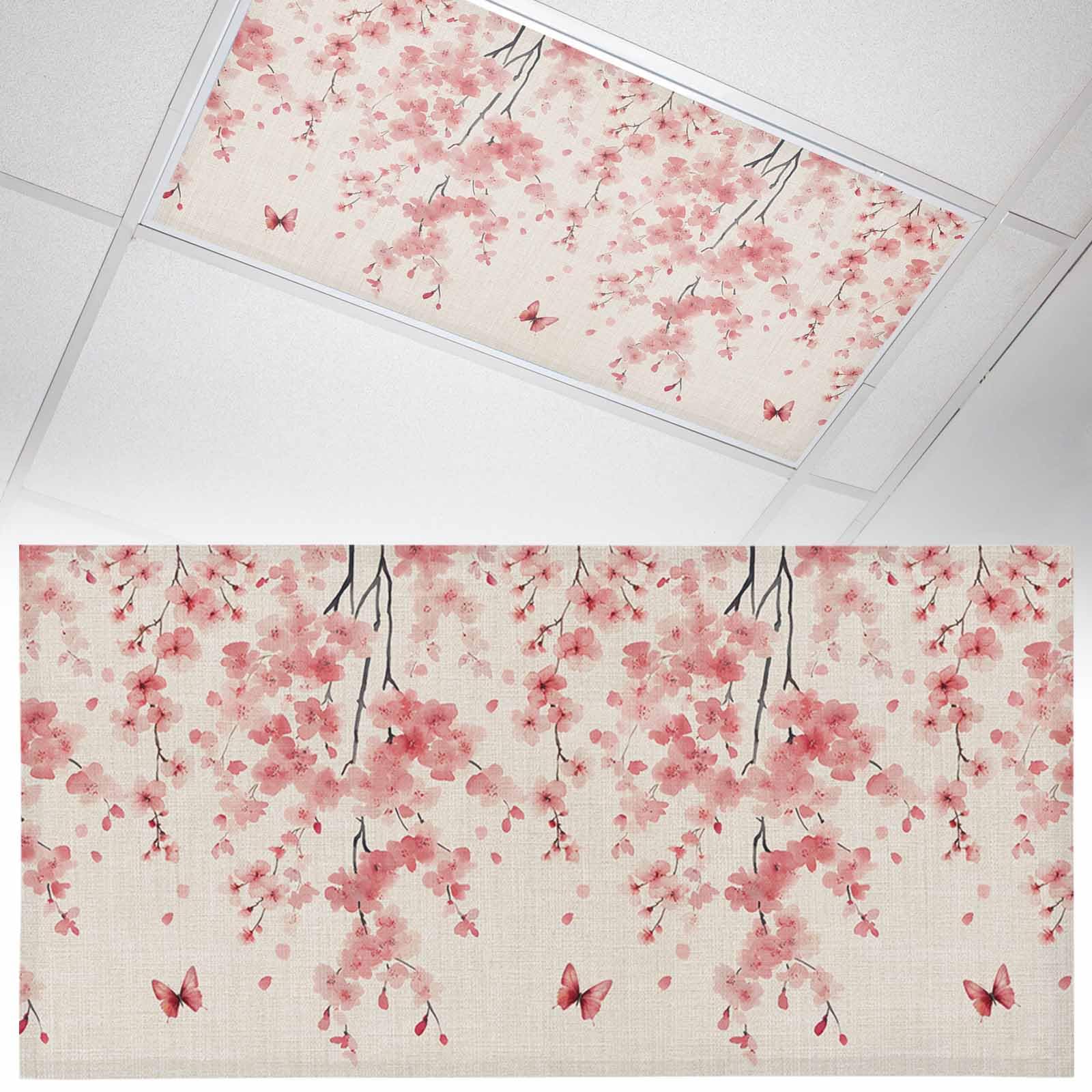 Wowouhiya 1 Pack Fluorescent Light Cover for Ceiling Lights, Pink Floral Blossom Magnetic Classroom Light Filters 4x2 Feet, Spring Pastoral Botanical Vintage Decorative Ceiling Shade Panel for Office