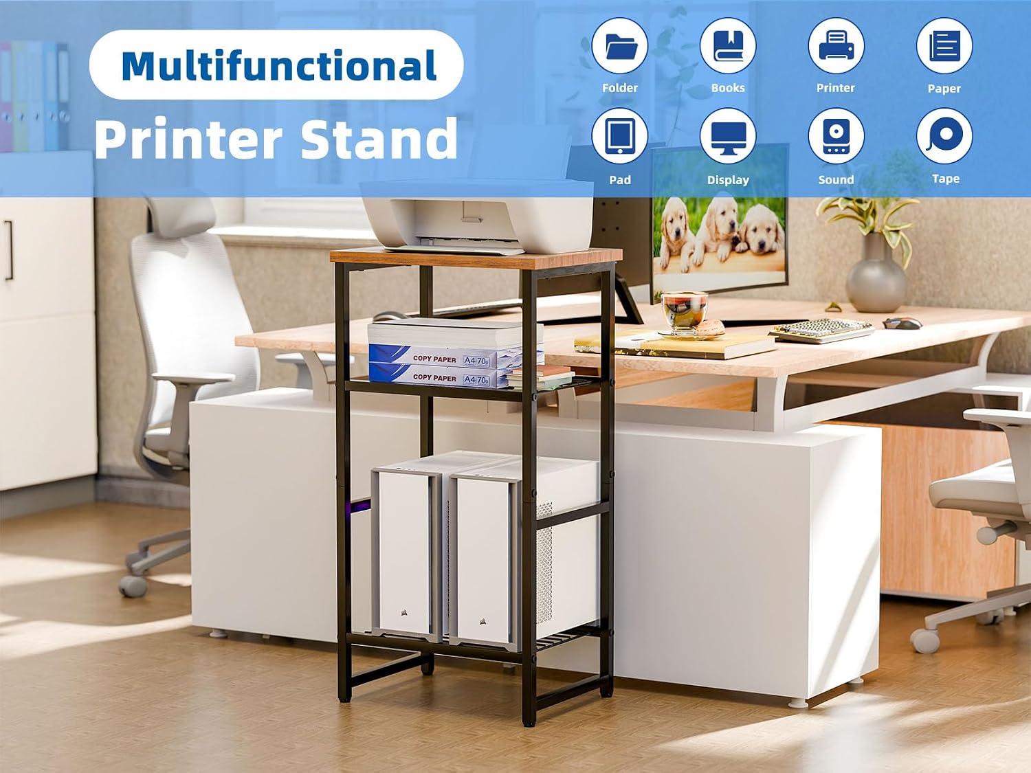 Desk Organizers and Accessories, Wood Printer Stand with 2 Metal Mesh Storage Shelf, Fits A4/Letter Size, Desk File Organizer for Home Office Fax Machine Scanner, Rustic Brown