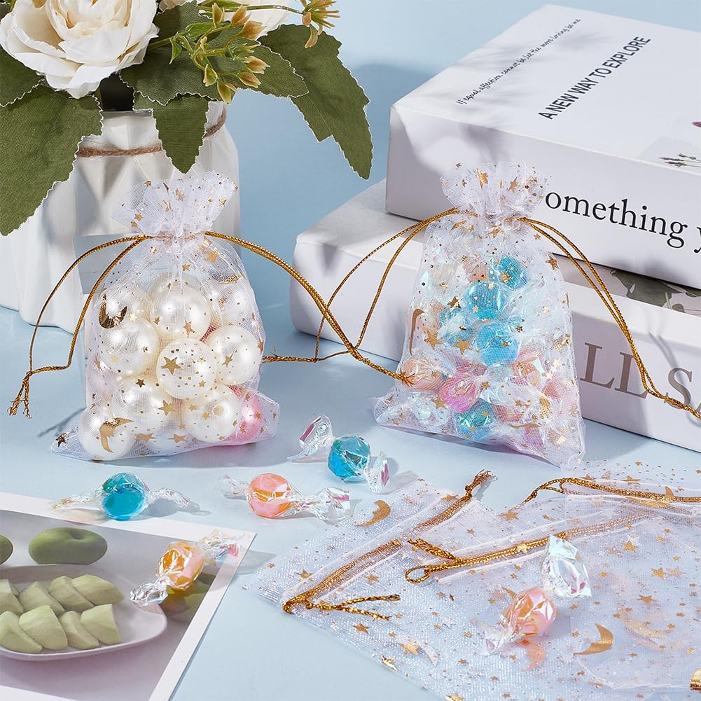 Beebeecraft 50Pcs Organza Bags Gold Stamping Stars White Drawstring Mesh Bags Rectangle Candy Gifts Storage Favor Pouches for Christmas Wedding Party Valentine's Day (4.7x3.5 Inch)