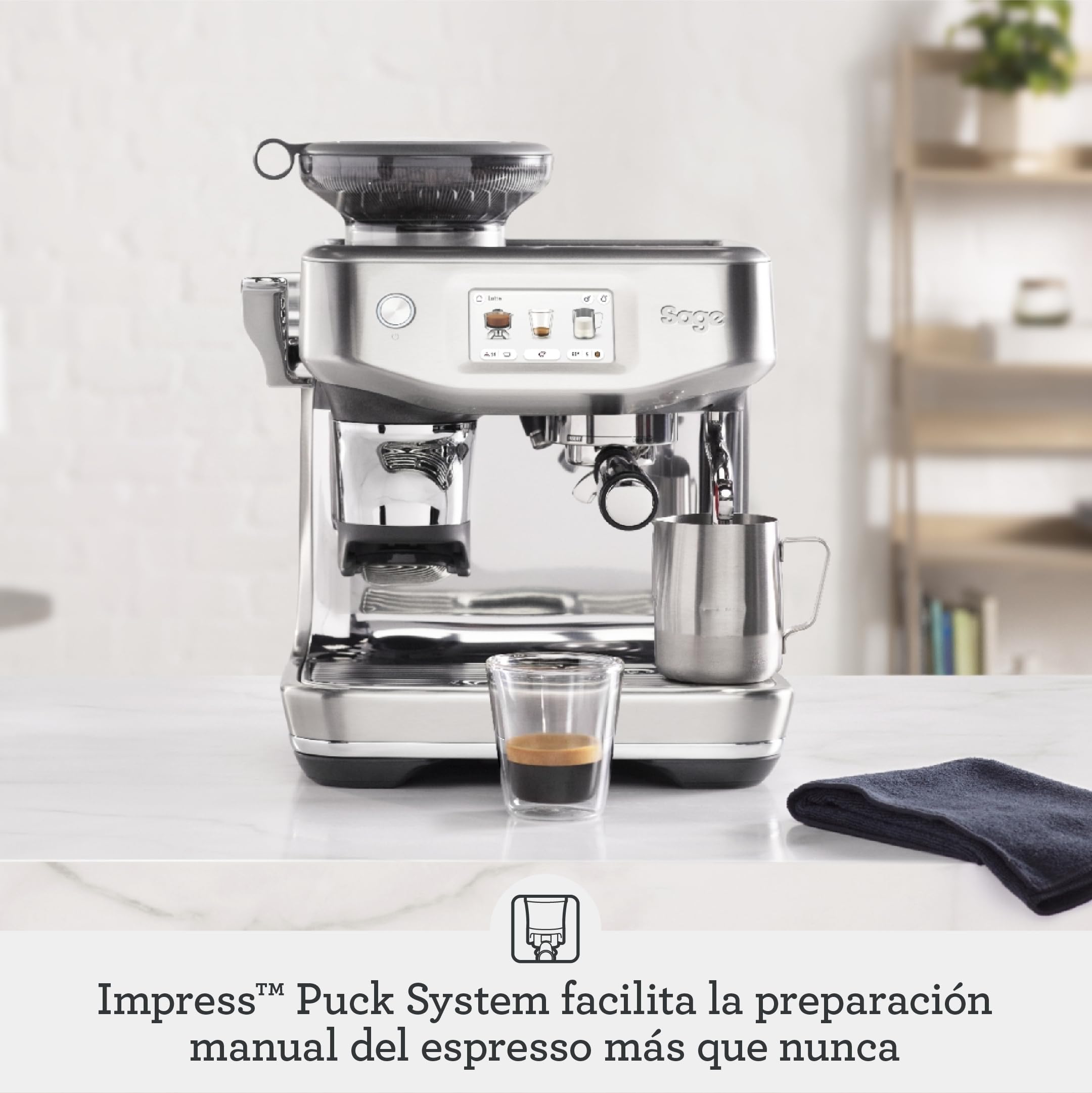 Sage - The Barista Touch Impress - Cafetera Barista con Molinillo Integrado para Café en Grano - Pantalla Táctil Interactiva y Espumador de Leche Automático - Acero Inoxidable Cepillado