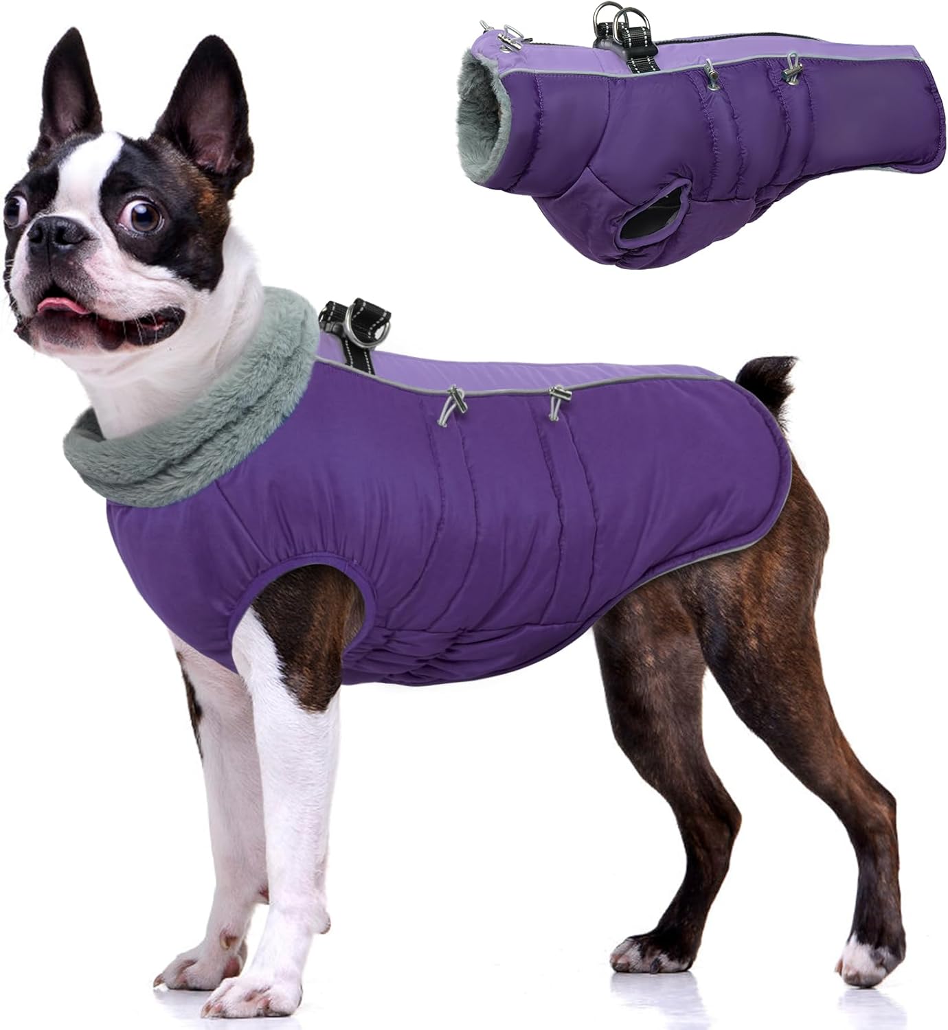 IDOMIK Warm Dog Coat with Harness Built-in, Thick Fleece Dog Winter Jacket with High Collar&Zipper, Waterproof Reflective Dogs Cold Weather Coats for Large Dogs, Pet Snow Jacket Vest(Purple,L)