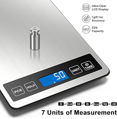 Miniatura 2 de Fuzion Báscula de alimentos, báscula digital de cocina de 1 g0.1 oz, 22 libras, 7 unidades, tara y PC, potencia recargable, vidrio templado y acero