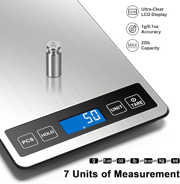 Close-up of the Fuzion Food Scale's tempered glass and stainless steel platform, highlighting its clean aesthetic and ample surface area.