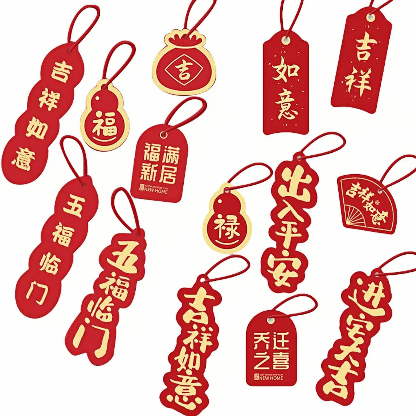 14-Pieces Chinese Fu Hanging Decorations - Housewarming Party Decor for New Home, Lucky Hanging Ornaments for Indoor Outdoor Decoration and Moving Ceremony Gift