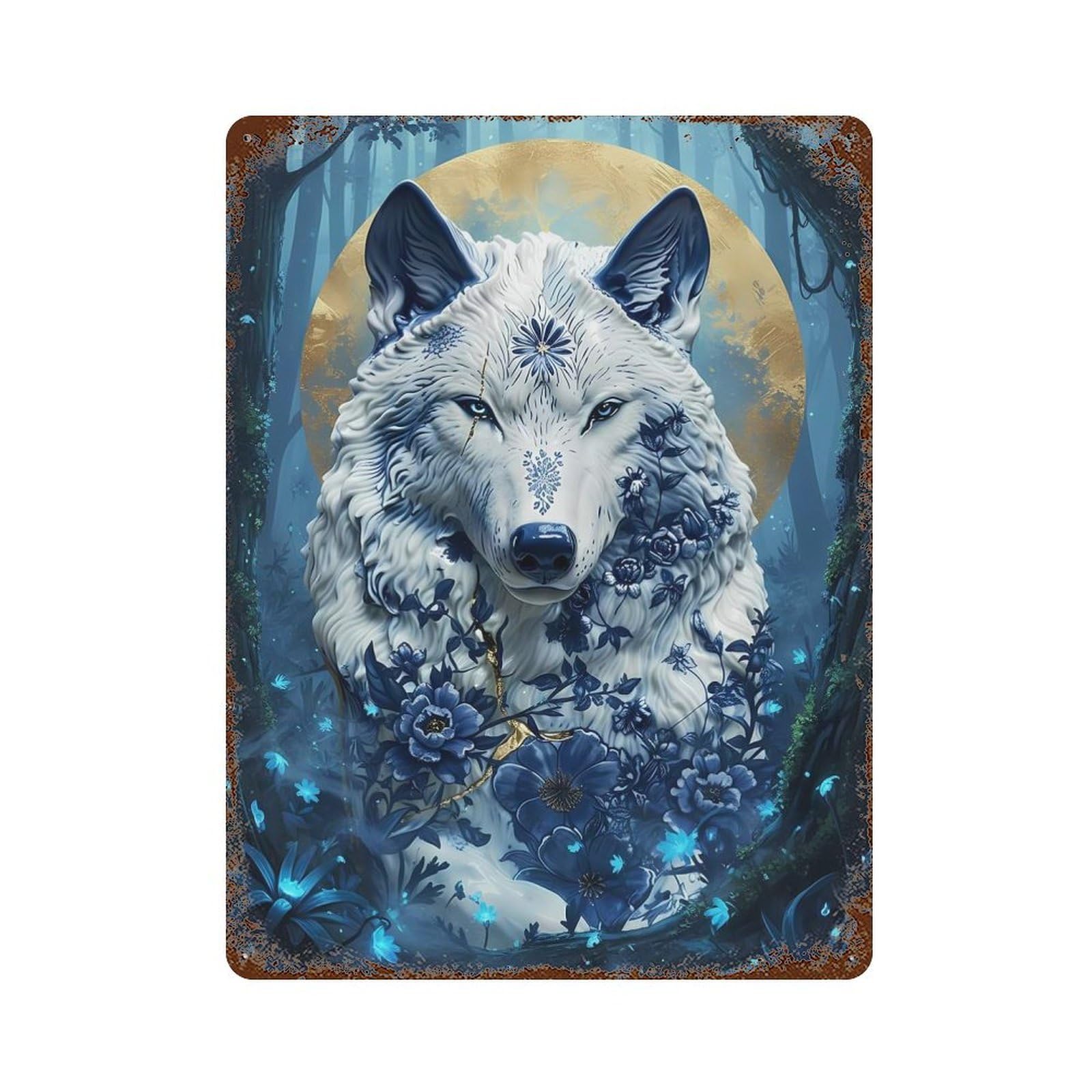 Porcelain Wolf in Enchanted Forest Weathered Tin Sign 15.7"x11.8", Decorative Metal Wall Art for Garage, Bar And Workshop Decor