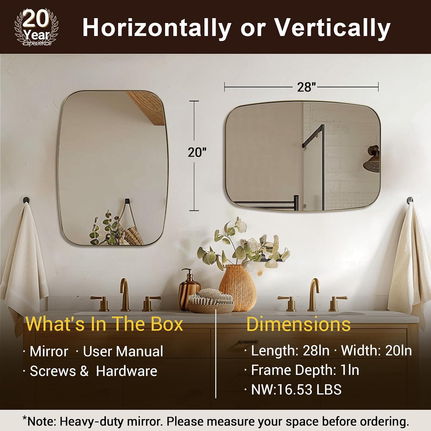 Oval Mirrors for Bathroom, 20x28 Gold Bathroom Vanity Mirror with Metal Frame, Brass Oblong Mirror for Over Sink, Modern Anti Rust Wall Mounted