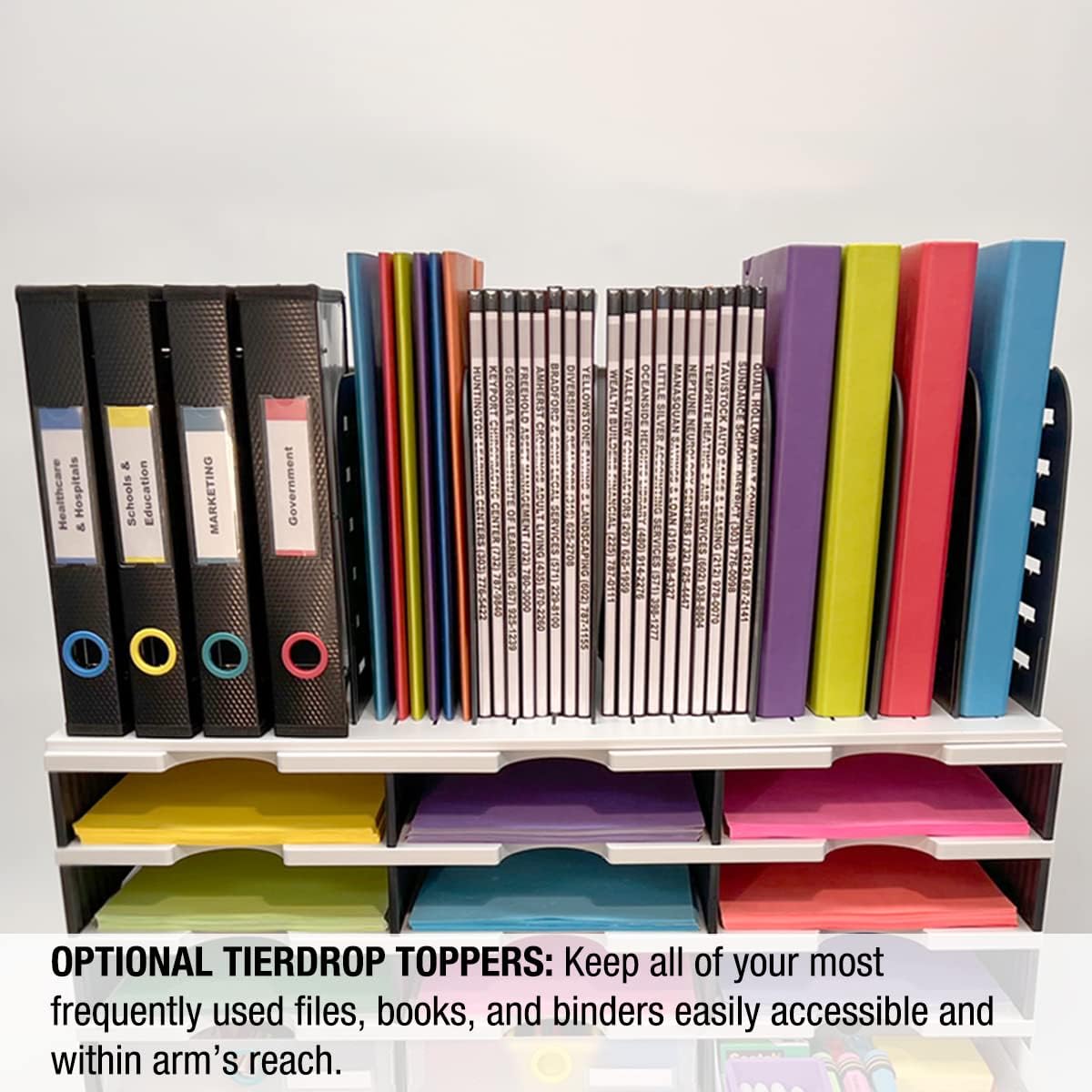 Desktop Organizer 6 Letter Tray Sorter Plus Riser Storage Base for Easy Access to Lower Slots, Desk Accessories & Supplies. Optional File Topper & Drawers