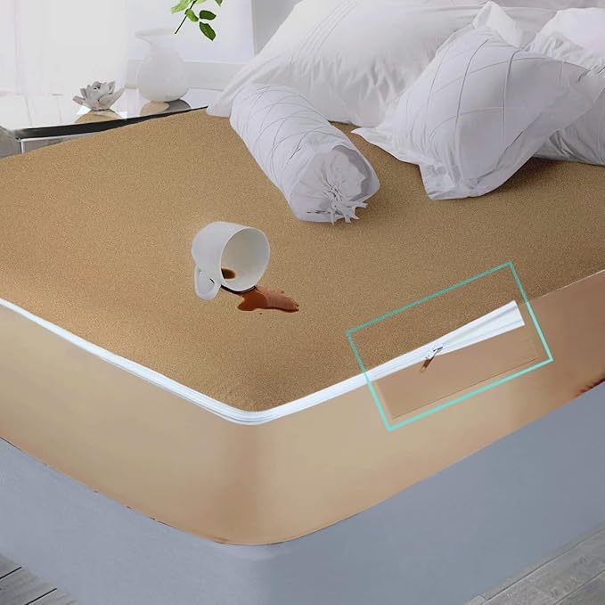 Trance Home Linen 100% Cotton Waterproof Mattress Protector with Zippered Chain | Dust Mite Proof, Bed Bug Protection Bed Cover (75 x 60 inch, Brown)