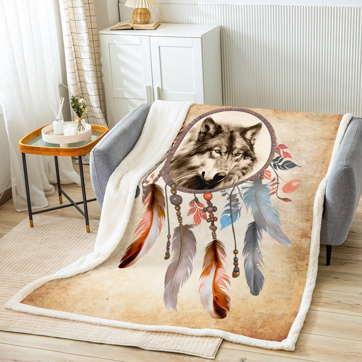 Feelyou Boho Dreamcatcher Fleece Blanket Dream Catcher Plush Blanket Twin 60"x80" for, Bohemian Vintage Wolf Print Sherpa Throw Blanket Antique Tribal Feather Fuzzy Blanket Brown Animal Decor