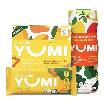 Yumi Organic Toddler Snacks Bars - Gluten-Free, No Added Sugar, 7+ Vegetables, Mango & Kale 30ct. & YUMI Rice-Free Baby Puffs - No Sugar Added, Gluten-Free, Non-GMO, Apple & Broccoli 6ct.