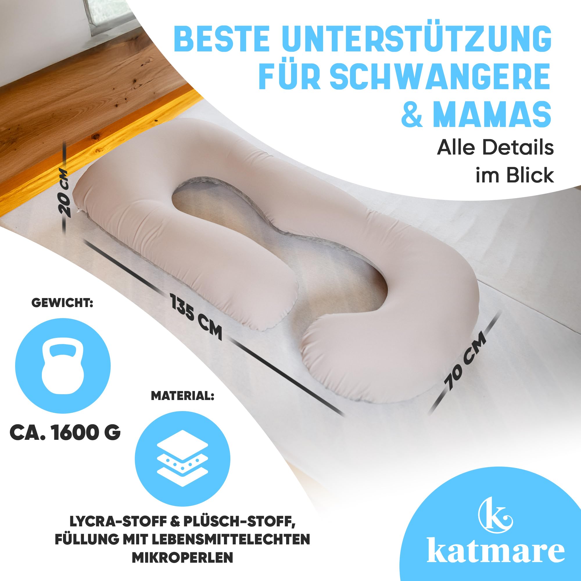 Seitenschläferkissen Schlafkissen mit Bezug - Schwangerschaftskissen bequemes Stillkissen XXL Mikroperlen waschbar | Winter- und Sommerseite Seitenschläfer Kissen | Füllmenge individuell anpassbar