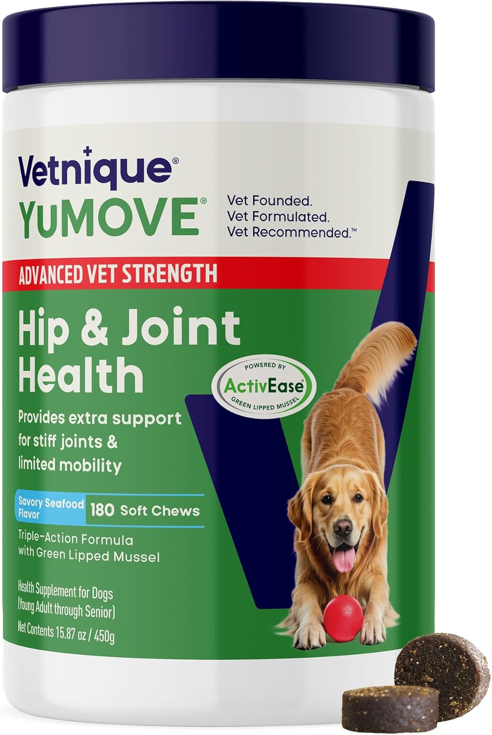 Yumove Hip & Joint Supplement for Dogs with Glucosamine, Hyaluronic Acid, Green Lipped Mussel & Omega 3 Joint Supplement – Regular or Advanced Strength (180 Count, Advanced Vet Strength Soft Chews)