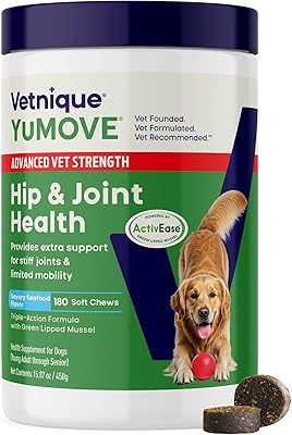 Yumove Hip & Joint Supplement for Dogs with Glucosamine, Hyaluronic Acid, Green Lipped Mussel & Omega 3 Joint Supplement - Regular or Advanced Strength 180 Count, Advanced Vet Strength Soft Chews