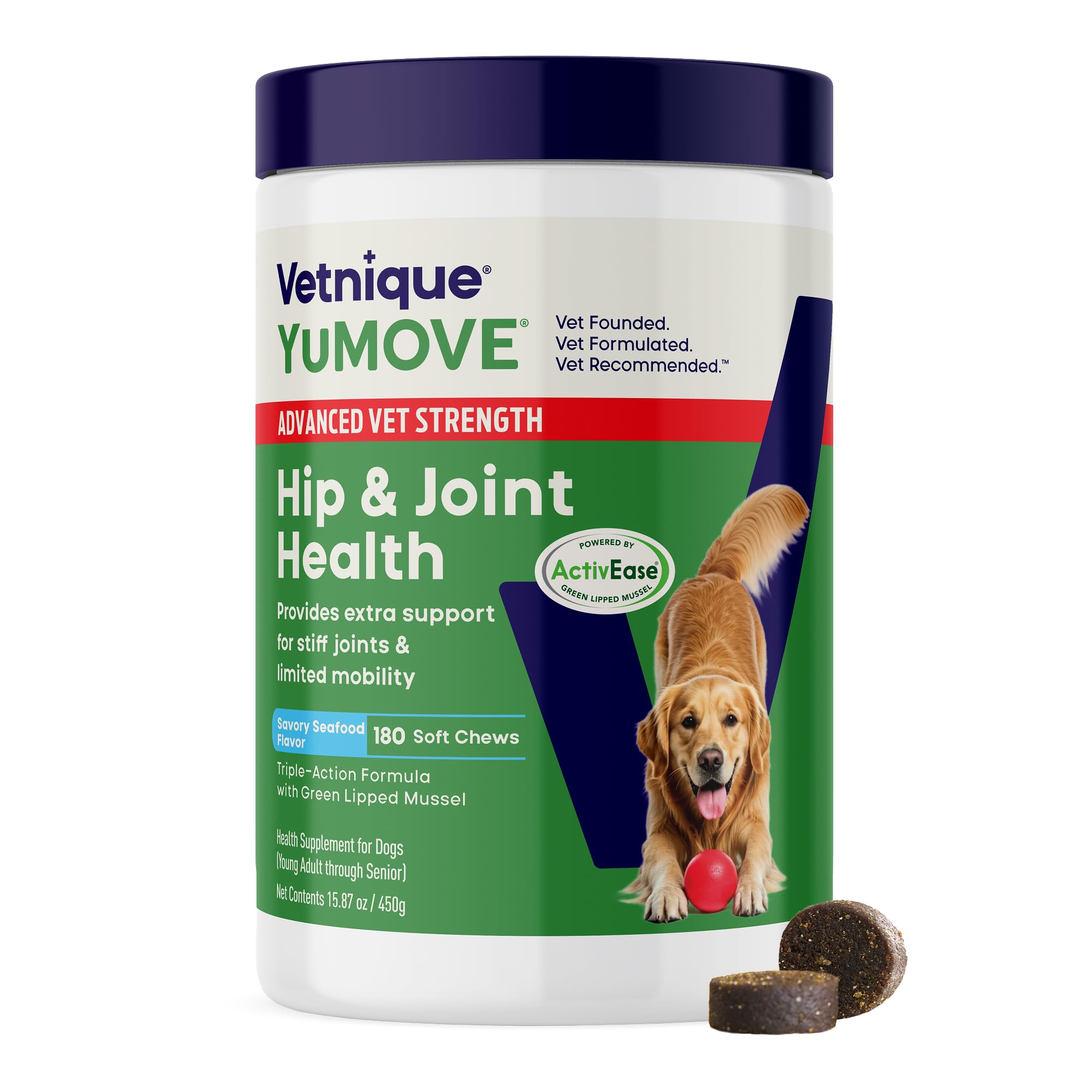 Yumove Hip & Joint Supplement for Dogs with Glucosamine, Hyaluronic Acid, Green Lipped Mussel & Omega 3 Joint Supplement - Regular or Advanced Strength (180 Count, Advanced Vet Strength Soft Chews)