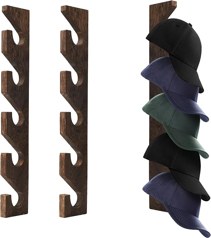 2PCS Wall Mounted Wooden Hat Rack for Baseball Caps - Solid Wood Organizer & Storage Display for Closet Door, Bedroom, Entryway, Laundry