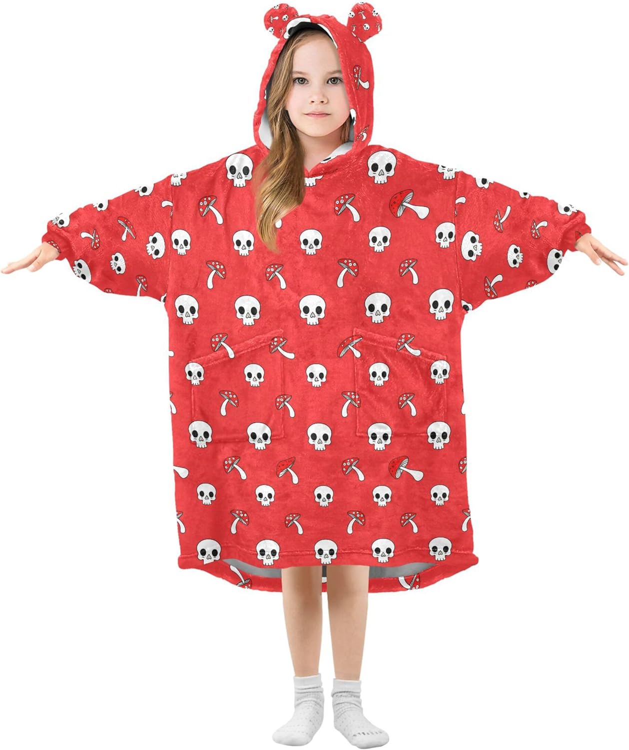 Skull Mushroom Kids Wearable Blanket Hoodie with Pocket and Sleeves for Toddlers, Cute Hoodies 3-14 Year Girls Boys