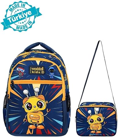 Waddell Kids Lisansl  Lacivert-Sar  Robot Desenli Erkek  lkokul S rt  antas  ve Beslenme  antas  Seti, 30x40x17 cm