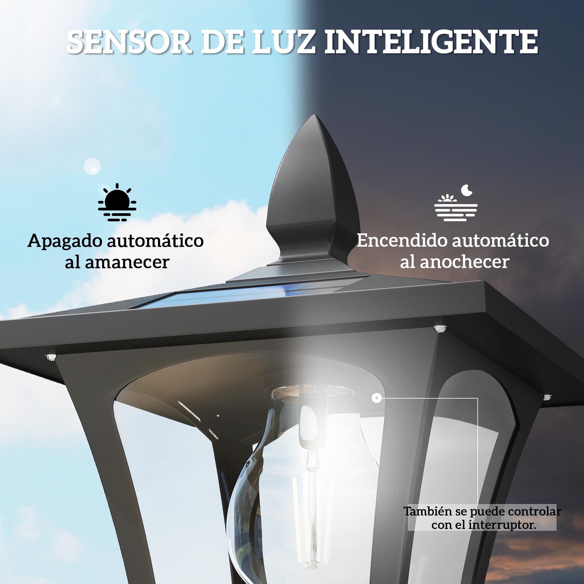 Outsunny Farola Solar Exterior de Jardín con Macetero, Luz Solar de Exterior LED, Poste de Aluminio, Impermeable IP44, Encendido/Apagado Automático, para Terraza, Patio, 33x33x160 cm, Negro