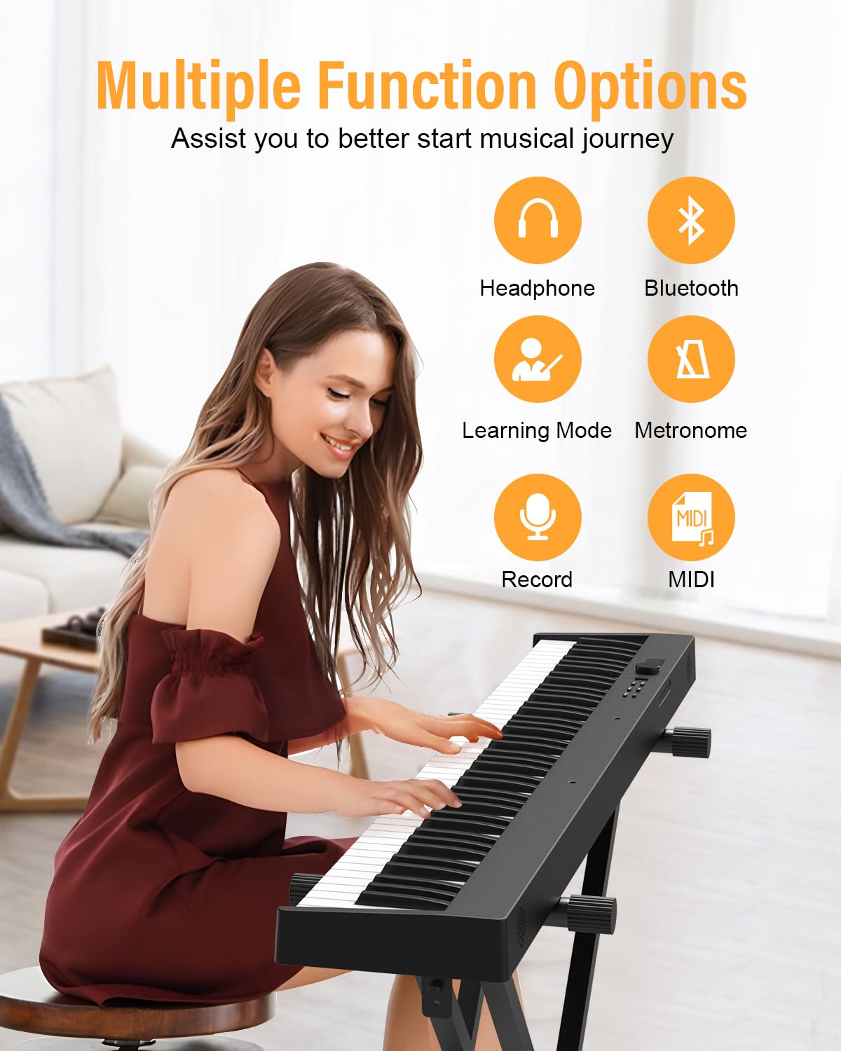 88 Tasten Faltbare Klaviertastatur mit halbgewichteten Tasten in voller Größe, tragbares Digitalpiano mit Bluetooth MIDI & wiederaufladbarem Akku, Reiseklavier für Anfänger, Studenten und