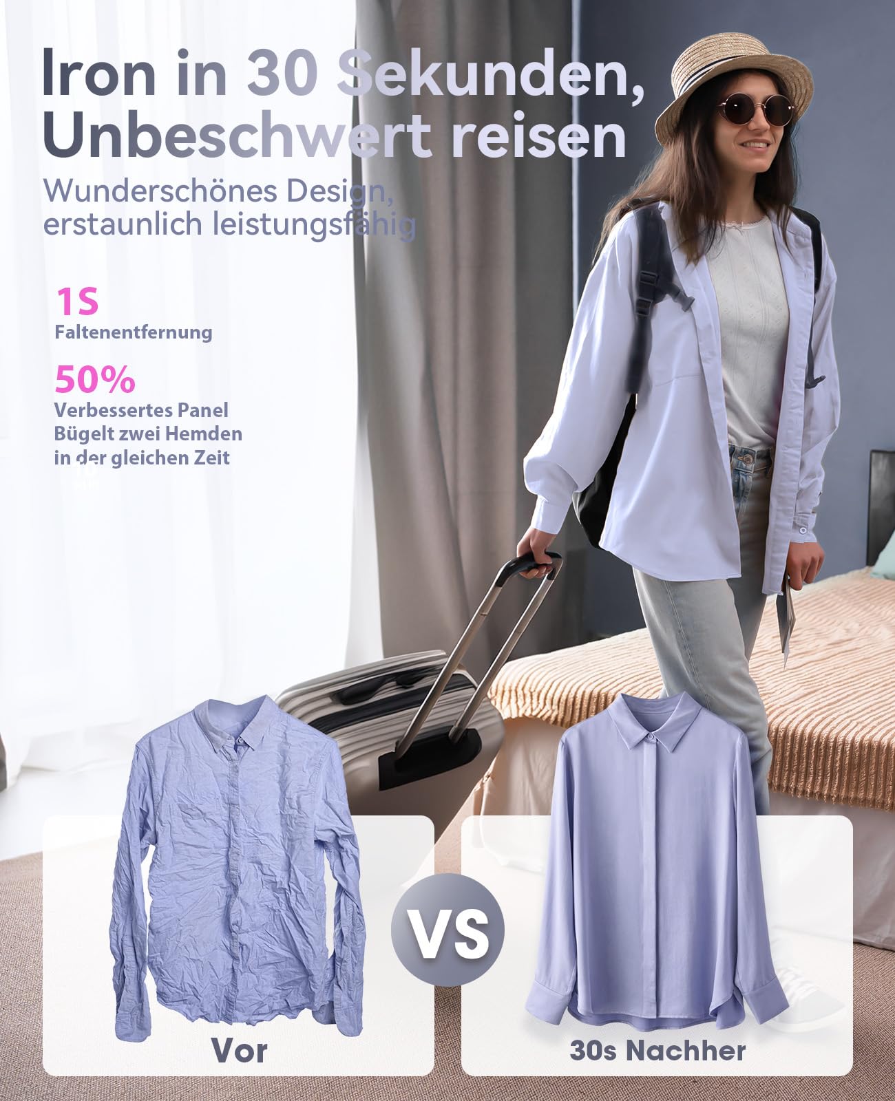 Reise Dampfglätter mit weltweiter Spannung 100-240V Tragbare Steamer für Kleidung, 2-in-1 Reisebügeleisen 1000W Steam iron, schnelles Aufheizen Steamer dampfglätter für Globale Reisen Lila