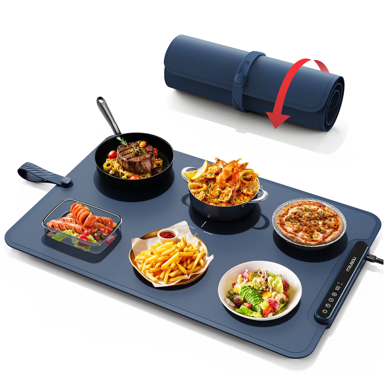 Scaldavivande, vassoio riscaldante, arrotolabile e portatile,Nano-materiale in silicone premium, Piastra Riscaldante per Alimenti iTRUSOU, Tappetino Elettrico con Timer 1-99H, 7 Temperature