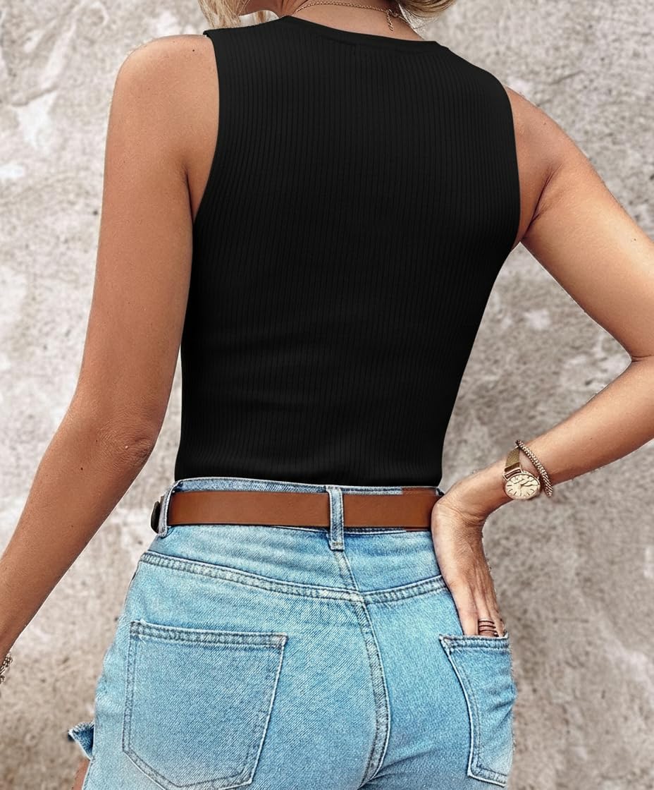 CHICME Women's Sleeveless Lace Mock Neck Ribbed Knit Tank Top Fitted Dressy Summer Mesh Knit Turtleneck Tops - Image 2