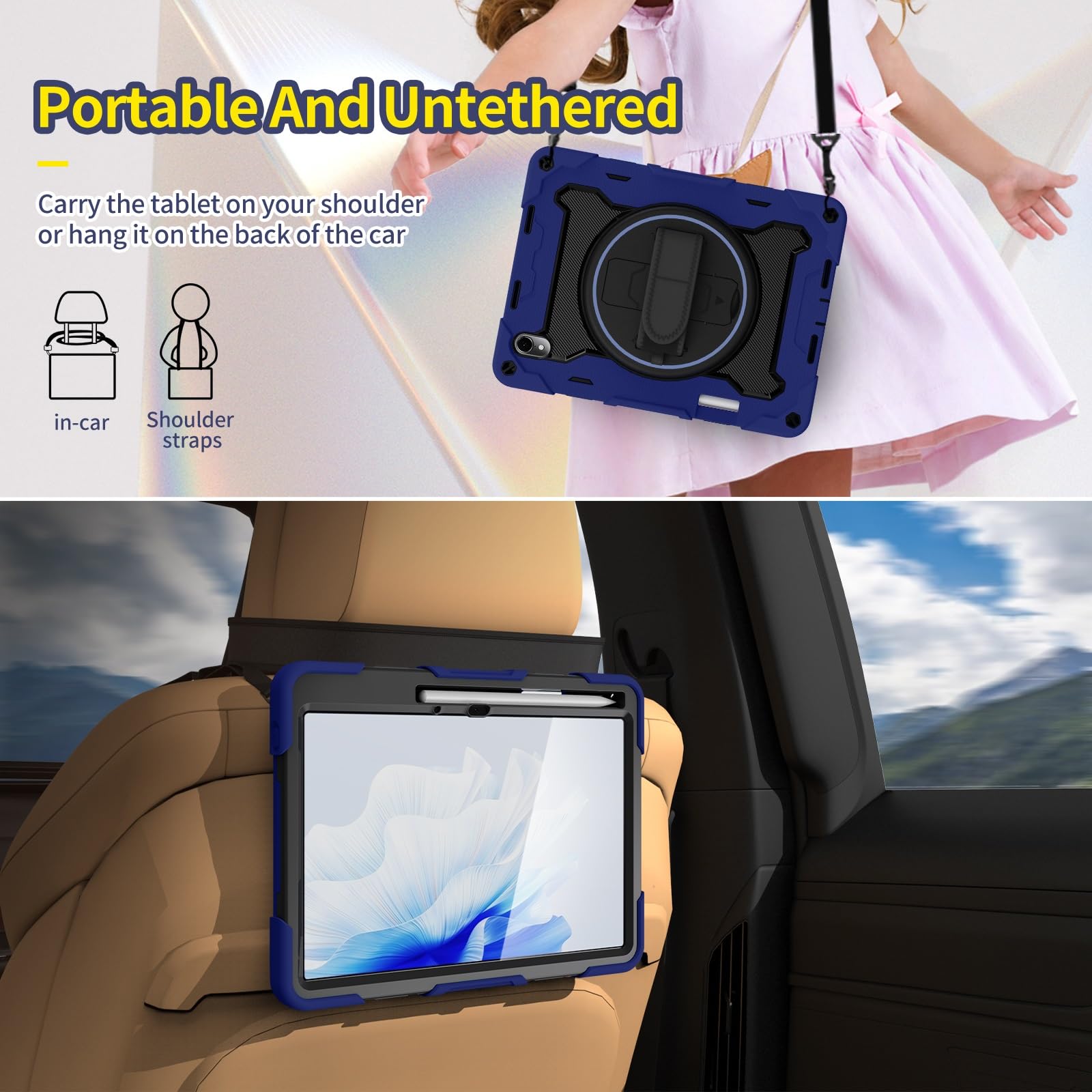Custodia protettiva per tablet PC per bambini, compatibile con Huawei Matepad Air da 11,5 pollici, staffa elastica multi-angolo + cinturino girevole regolabile a 360° guscio infrangibile tre in uno, a