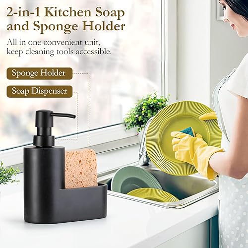 Miniatura 2 de Shinowa Dispensador de jabón para platos con soporte para esponja, dispensador de jabón para platos de cocina recargable, dispensador de jabón 2 en