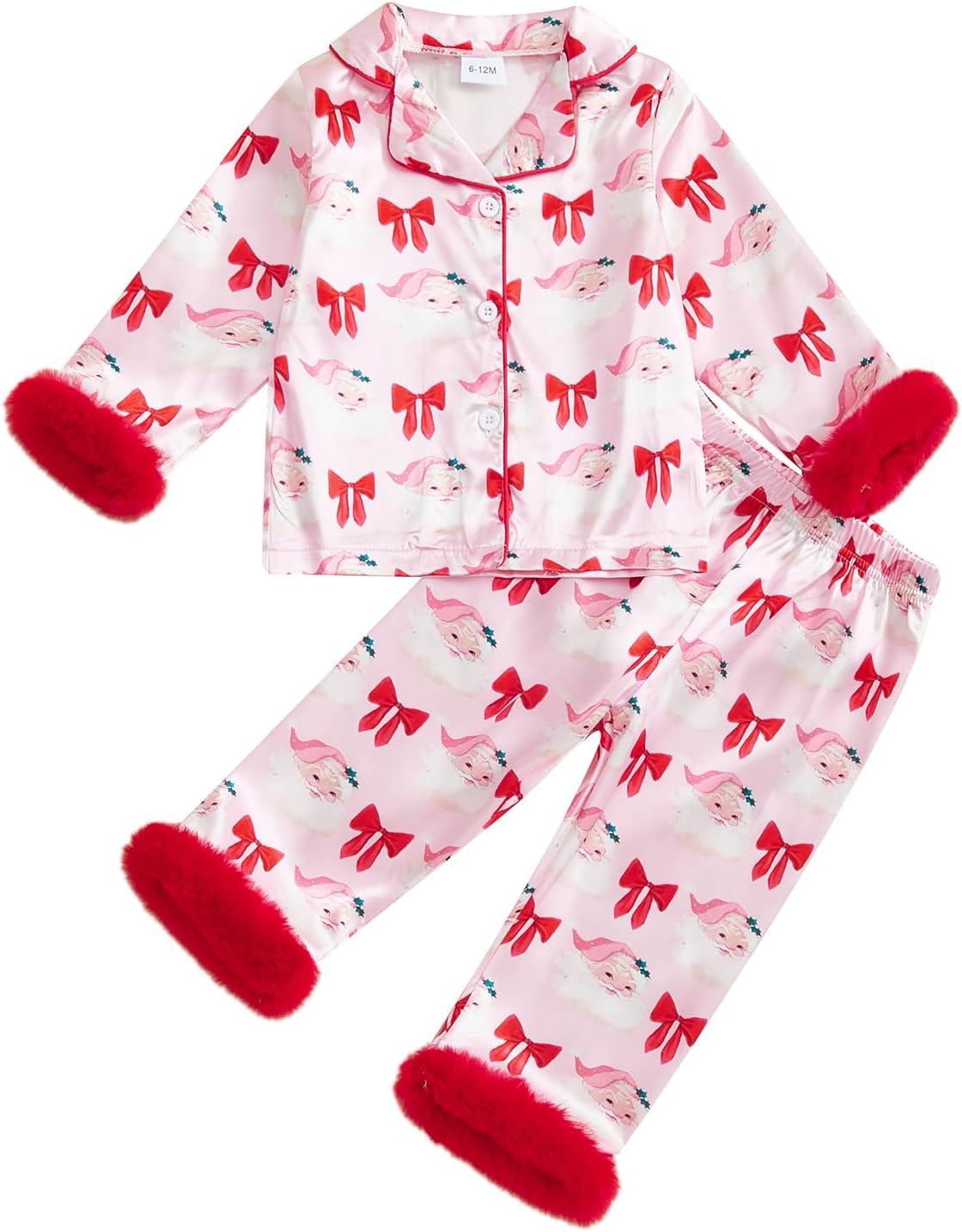 Kuriozud Toddler Kids Little Girls Christmas Satin Pajamas Green Feather Trim Sleeve Button Down Sleepwear Xmas Matching Pjs