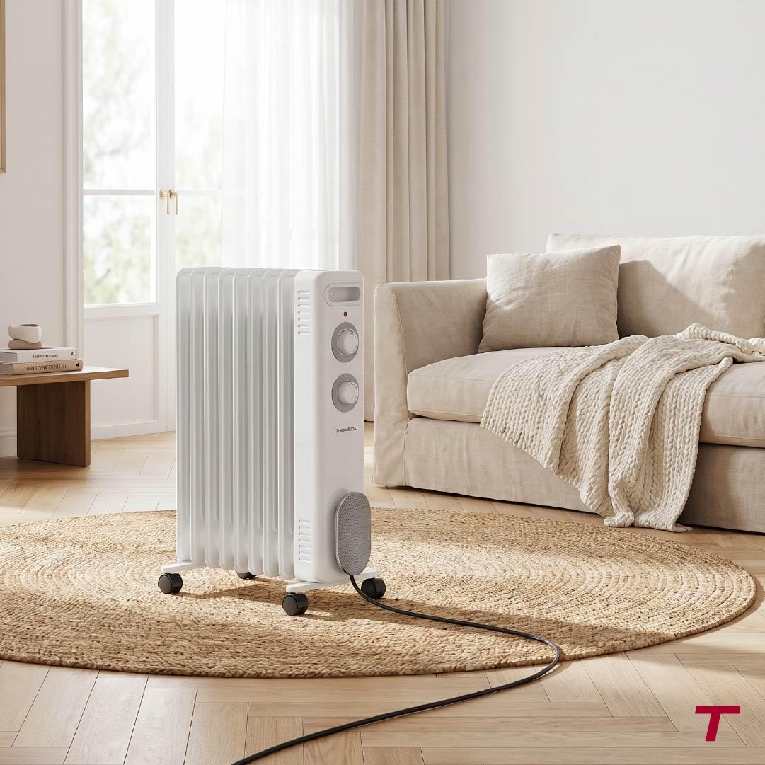 THOMSON - Mobiler Ölradiator CALISTA 2000W weiß, Kippschutz und Überhitzungsschutz, mit einstellbarem Thermostat, leise, mit Rollen