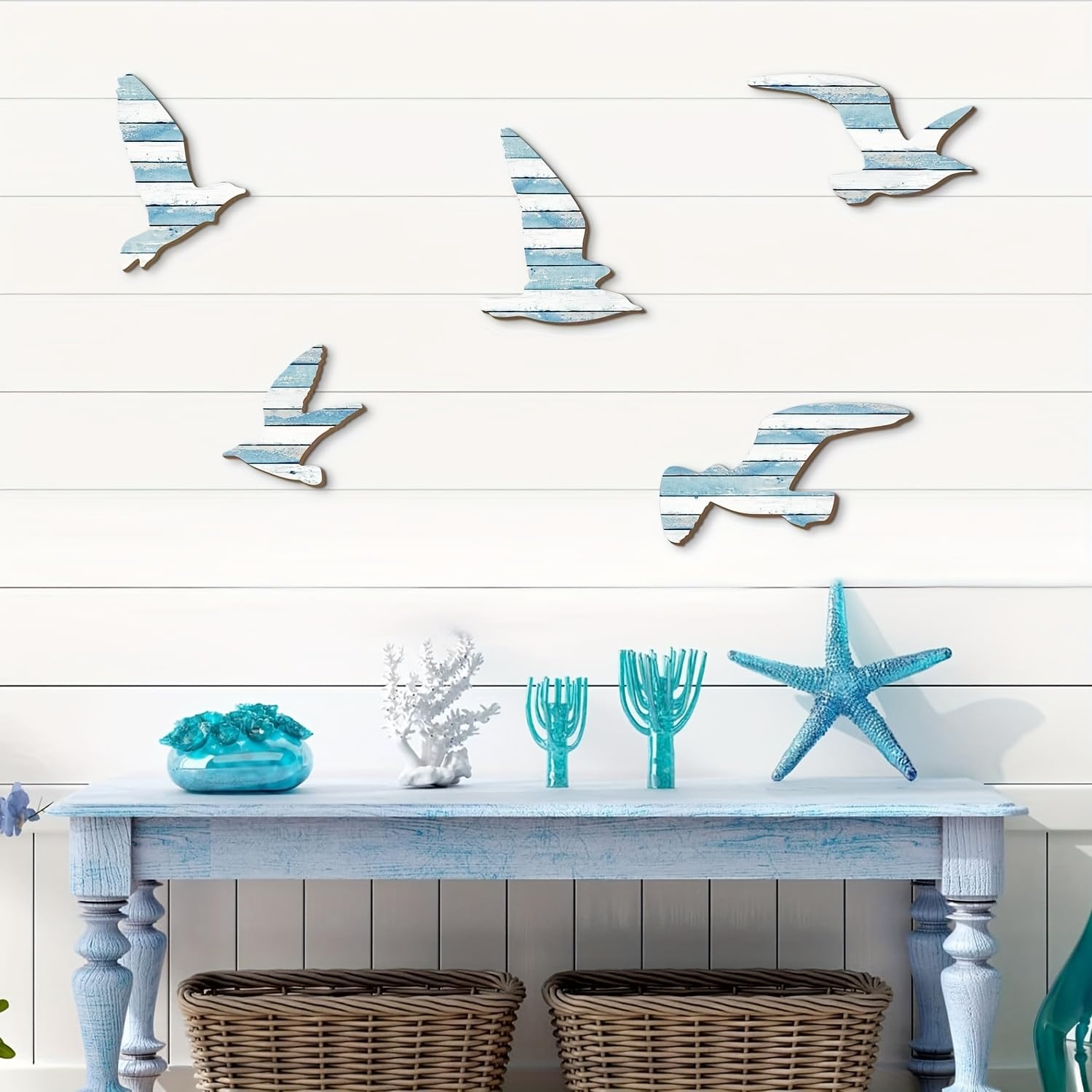 5pcs Wooden Seagull Wall Decor, Beach Nautical Coastal Theme Art, Vintage Sea Bird Bathroom Ocean Decoration for Home Bedroom/Living Room-image-3