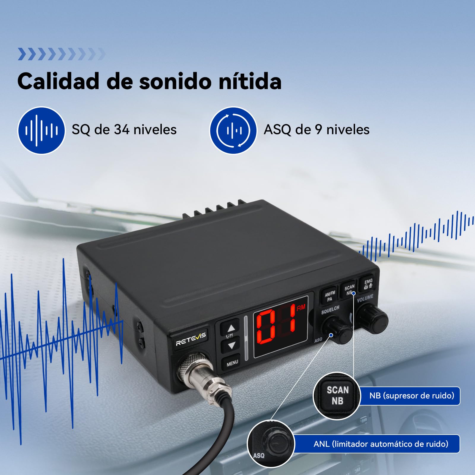 ‌Retevis MB63A Radio CB, Emisora CB Am/FM con Filtro de Ruido (NB/ANL), Sistema de Refrigeración, Enchufe de Mechero, Compatible 12V/24V, Megafonía, VOX, Emergencia CH9 para Camiones