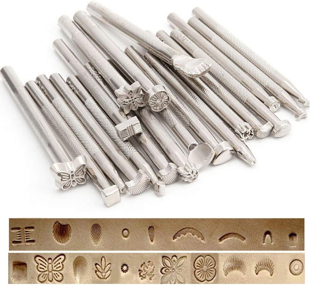 Techson 20PCS Leather Stamping Tools, Different Shape Saddle Making Stamp Punch Set, Manual Carved Embossing Hammer Kit