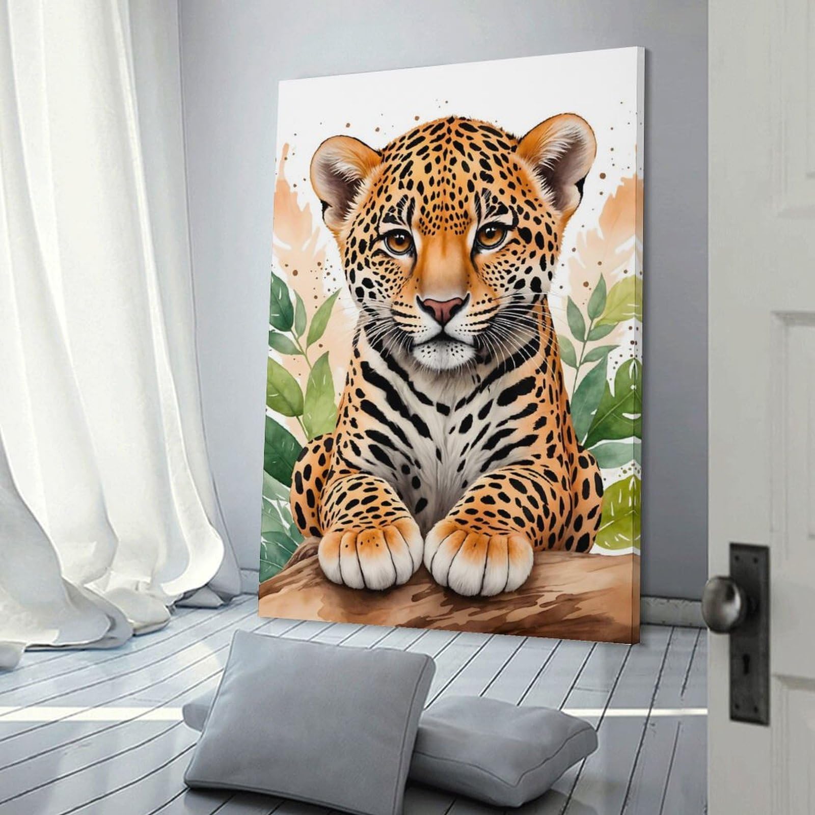 Junmoney Frame-Style-20 Decorative Wall Artwork Leopard Cute Watercolor, 24X36inch(60X90cm), For Lounge, Bedroom Or Personal Spaces, Thoughtful Wall Decor For Art Lovers