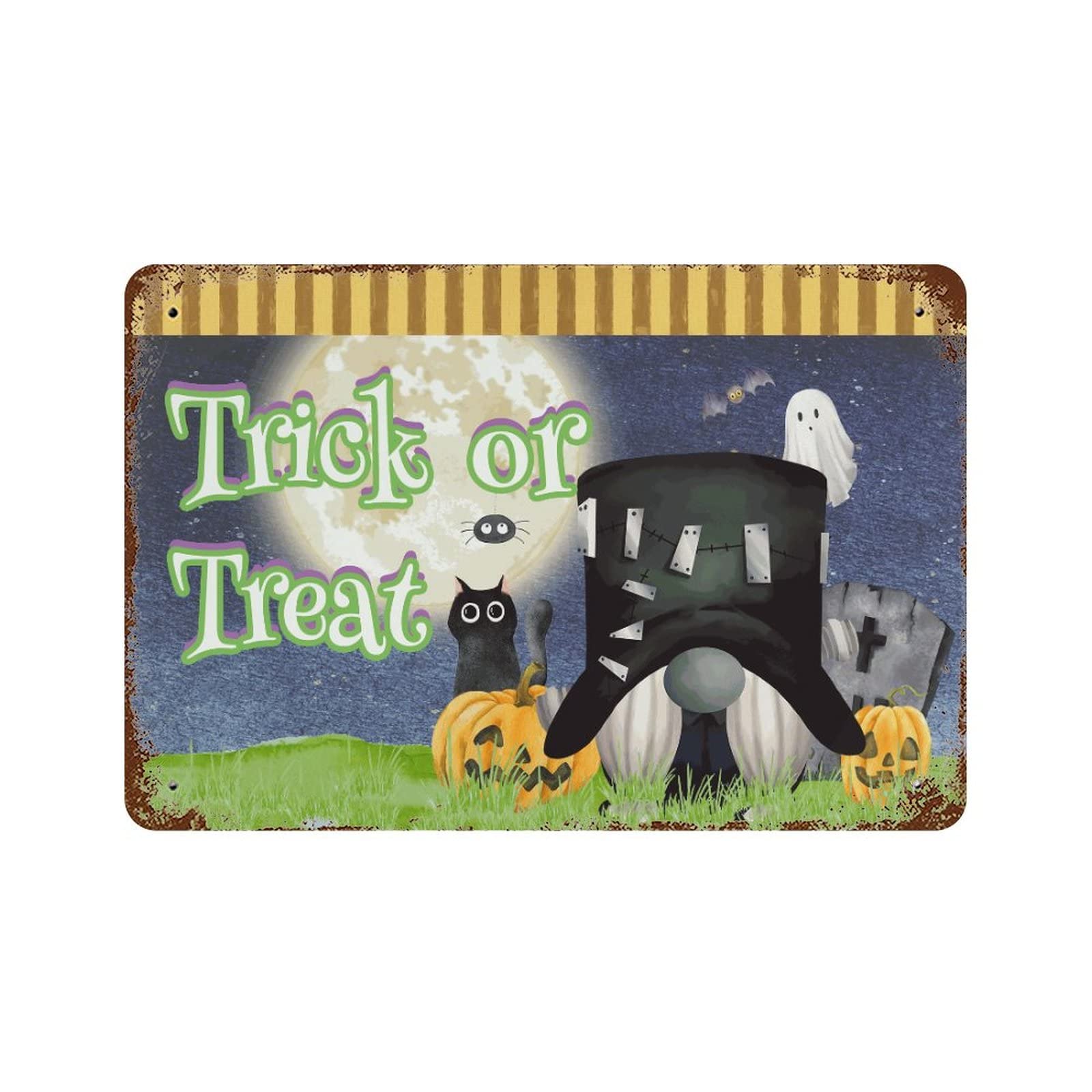 Panneau aluminium Halloween avec gnome et citrouilles Trick Or Treat 30x45 cm